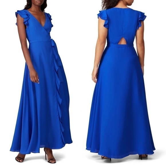 FAME & PARTNERS Cobalt Flutter Sleeve Ruffle Trim Tie Waist Wrap Maxi Gown Sz 8 - Picture 1 of 11